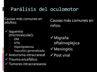 Parálisis del oculomotor
Causas más comunes en            Causas más comunes en
adultos:
                                 niños:
 Isquemia
  (microvascular):
      DM                        Migraña
      HTA                        oftalmoplejica
      Hiperlipidemia
      Vasculitis generalizada   Meningitis
 Aneurisma intracraneal         Post viral
 Trauma encefálico
 Tumores intracraneanos
 