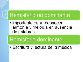 Hemisferio no dominante
• importante para reconocer
armonía y melodía en ausencia
de palabras
Hemisferio dominante
• Escritura y lectura de la música
 