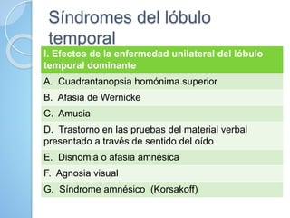 Síndromes del lóbulo
temporal
I. Efectos de la enfermedad unilateral del lóbulo
temporal dominante
A. Cuadrantanopsia homónima superior
B. Afasia de Wernicke
C. Amusia
D. Trastorno en las pruebas del material verbal
presentado a través de sentido del oído
E. Disnomia o afasia amnésica
F. Agnosia visual
G. Síndrome amnésico (Korsakoff)
 