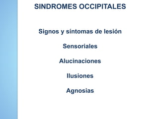 SINDROMES OCCIPITALES
Signos y síntomas de lesión
Sensoriales
Alucinaciones
Ilusiones
Agnosias
 