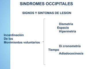 SINDROMES OCCIPITALES
SIGNOS Y SINTOMAS DE LESION
Dismetría
Espacio
Hipermetría
Incardinación
De los
Movimientos voluntarios
Di cronometría
Tiempo
Adiadococinesia
 