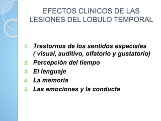 EFECTOS CLINICOS DE LAS
LESIONES DEL LOBULO TEMPORAL
1. Trastornos de los sentidos especiales
( visual, auditivo, olfatorio y gustatorio)
2. Percepción del tiempo
3. El lenguaje
4. La memoria
5. Las emociones y la conducta
 