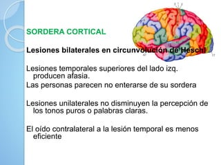 SORDERA CORTICAL
Lesiones bilaterales en circunvolución de Heschl
Lesiones temporales superiores del lado izq.
producen afasia.
Las personas parecen no enterarse de su sordera
Lesiones unilaterales no disminuyen la percepción de
los tonos puros o palabras claras.
El oído contralateral a la lesión temporal es menos
eficiente
 
