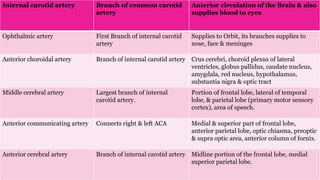 Internal carotid artery Branch of common carotid
artery
Anterior circulation of the Brain & also
supplies blood to eyes
Ophthalmic artery First Branch of internal carotid
artery
Supplies to Orbit, its branches supplies to
nose, face & meninges
Anterior choroidal artery Branch of internal carotid artery Crus cerebri, choroid plexus of lateral
ventricles, globus pallidus, caudate nucleus,
amygdala, red nucleus, hypothalamus,
substantia nigra & optic tract
Middle cerebral artery Largest branch of internal
carotid artery.
Portion of frontal lobe, lateral of temporal
lobe, & parietal lobe (primary motor sensory
cortex), area of speech.
Anterior communicating artery Connects right & left ACA Medial & superior part of frontal lobe,
anterior parietal lobe, optic chiasma, preoptic
& supra optic area, anterior column of fornix.
Anterior cerebral artery Branch of internal carotid artery Midline portion of the frontal lobe, medial
superior parietal lobe.
 