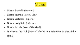 Views
● Norma frontalis (anterior)
● Norma lateralis (lateral view)
● Norma verticalis (superior)
● Norma occipitalis (inferior)
● Norma basalis (base of the skull)
● Internal of the skull (internal of calvarium & internal of base of the
skull)
 