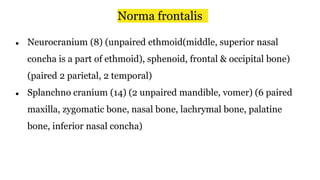 Norma frontalis
● Neurocranium (8) (unpaired ethmoid(middle, superior nasal
concha is a part of ethmoid), sphenoid, frontal & occipital bone)
(paired 2 parietal, 2 temporal)
● Splanchno cranium (14) (2 unpaired mandible, vomer) (6 paired
maxilla, zygomatic bone, nasal bone, lachrymal bone, palatine
bone, inferior nasal concha)
 