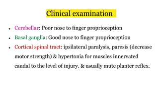 Clinical examination
● Cerebellar: Poor nose to finger proprioception
● Basal ganglia: Good nose to finger proprioception
● Cortical spinal tract: ipsilateral paralysis, paresis (decrease
motor strength) & hypertonia for muscles innervated
caudal to the level of injury. & usually mute planter reflex.
 