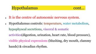 Hypothalamus cont…
● It is the centre of autonomic nervous system.
● Hypothalamus controls: temperature, water metabolism,
hypophyseal secretions, visceral & somatic
activities(digestion, urination, heart rate, blood pressure),
visible physical expressions (blushing, dry mouth, clammy
hands) & circadian rhythm.
 