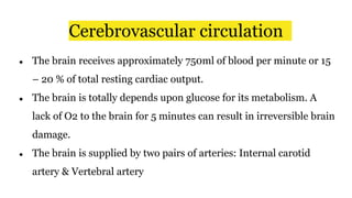 Cerebrovascular circulation
● The brain receives approximately 750ml of blood per minute or 15
– 20 % of total resting cardiac output.
● The brain is totally depends upon glucose for its metabolism. A
lack of O2 to the brain for 5 minutes can result in irreversible brain
damage.
● The brain is supplied by two pairs of arteries: Internal carotid
artery & Vertebral artery
 
