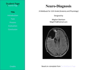 Neuro-Diagnosis Student Page Title Introduction Task Process Evaluation Conclusion Credits [ Teacher Page ] A WebQuest for 11th Grade (Anatomy and Physiology) Designed by Meghan Doerksen [email_address] Based on a template from  The  WebQuest  Page 