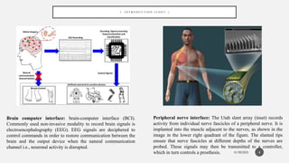 01/30/2025
1 . I N T R O D U C T I O N ( C O N T. . )
4
Peripheral nerve interface: The Utah slant array (inset) records
activity from individual nerve fascicles of a peripheral nerve. It is
implanted into the muscle adjacent to the nerves, as shown in the
image in the lower right quadrant of the figure. The slanted tips
ensure that nerve fascicles at different depths of the nerves are
probed. These signals may then be transmitted to a controller,
which in turn controls a prosthesis.
Brain computer interface: brain-computer interface (BCI).
Commonly used non-invasive modality to record brain signals is
electroencephalography (EEG). EEG signals are deciphered to
control commands in order to restore communication between the
brain and the output device when the natural communication
channel i.e., neuronal activity is disrupted.
 