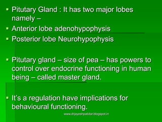  Pitutary Gland : It has two major lobes
namely –
 Anterior lobe adenohypophysis
 Posterior lobe Neurohypophysis
 Pitutary gland – size of pea – has powers to
control over endocrine functioning in human
being – called master gland.
 It’s a regulation have implications for
behavioural functioning.
www.drjayeshpatidar.blogspot.in
 