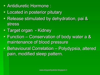 Antidiuretic Hormone :
 Located in posterior pitutary
 Release stimulated by dehydration, pai &
stress
 Target organ - Kidney
 Function – Conservation of body water a &
maintenance of blood pressure
 Behavioural Correlation – Polydypsia, altered
pain, modified sleep pattern.
www.drjayeshpatidar.blogspot.in
 