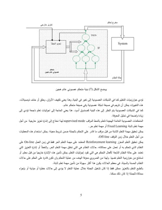 5
‫ل‬
‫ل‬
‫ل‬
‫ل‬
‫ل‬
‫ل‬
‫ل‬
‫ل‬
‫ل‬
‫ل‬
‫ةعضالحسلما‬(7)‫ل‬‫عائلعللةلهجةن‬ ‫اةللقتامةلعص‬‫ل‬
‫ل‬
‫اةل,لعهذحلةنائل‬ ‫عاةللإسىلتغةرلفئلحس‬ ‫ملتلحسنص‬ ‫ةةلمقللفئلحسل‬ ‫حرزقةلتلحستن‬‫ع‬‫يلخ‬ ‫تؤ‬‫للأعلاذم‬ ‫حن,لعخ‬‫ز‬‫تمةةملحألع‬‫ل‬‫ل‬ ‫تعصةالت‬
‫عاةللعفئلصةغللقتامةلعللة‬ ‫مللعص‬ ‫حتلةقمنلأنلتترجةلفئلصةغللل‬‫ر‬‫هذهلحستغةة‬‫ل‬
‫يلإسىل‬ ‫ةلالجاللتؤ‬ ‫حلةلتلتن‬‫ر‬‫لهذحلةنائلحسالجللإسىلحج‬ ‫عللأبع‬ ‫اةللمصا‬ ‫عاةللةتةلحساظرلإسىلهذهلحس‬ ‫ملتلحسنص‬ ‫مقللفئلحسل‬
‫فل‬‫ر‬‫حضاللفئلتقثةالحسقن‬‫ع‬‫ل‬ ‫ةل‬‫ز‬‫ل‬
‫حسقتامقل‬‫حقعل‬‫ر‬‫لساقطلحسق‬ ‫ةل‬ ‫عاةللحسنللقللحسهجةاللتتن‬ ‫تلحسنص‬supervised mode‫جةلللقنلأجال‬‫ةزلخلر‬‫ز‬‫لتن‬‫سهذحلااتلجلإسىلإللر‬
‫تلل‬ ‫ةلثل‬ ‫قهقللتن‬Fixed Learning‫ل‬‫ةلار‬ ‫أعلقهقللتن‬‫ل‬
‫حةله‬ ‫لةقمنلحبتخ‬ ‫للضقنللرعطلقنةال‬ ‫لسجق‬ ‫ىلحستامةل‬ ‫رلع‬ ‫حقعلقللقل‬‫ر‬‫الق‬ ‫تللقنلق‬ ‫ةلحسثل‬ ‫ةللقهقللحستن‬ ‫ةقمنلتا‬‫ذ‬‫هلحسقنطةلتل‬
‫ةلخالالزقنلحستعقمل‬ ‫قنلأجالحستن‬Off-line‫ل‬
‫ةلحسقنزز‬ ‫ةللحستن‬ ‫ةقمنلتا‬Reinforcement learning‫ل‬‫طلفئلزقنلحسنقال‬ ‫ةلحسارلف‬ ‫ىلقهقللحستن‬ ‫لع‬ ‫حسقنتق‬On-line‫ل‬‫ىل‬ ‫ع‬
‫لأعلإل‬ ‫حسخط‬‫ع‬‫ةلحسار,ل‬ ‫للقهقللحستن‬ ‫لالالتلحساظلةلهئلحستئلتخ‬ ‫ىلقالملت‬ ‫لأعلتنقالع‬ ‫حساظلةلحسذيلتتامةل‬‫ة‬‫ز‬‫لحستن‬‫لر‬‫زلحستئل‬
‫ة,لأعل‬ ‫القن‬ ‫جةللقنلق‬‫لخلر‬‫قةنلهذهلحإلللر‬ ‫ة,لةقمنلت‬ ‫حلةلتلحستن‬‫ر‬‫لإج‬ ‫ع‬ ‫نللألفنلالحستامةلهئلحستئلت‬ ‫ىلالسللحساظلةلحستل‬ ‫لع‬ ‫تنتق‬
‫ىلالالتل‬ ‫ىلحسامةلع‬ ‫لع‬‫ر‬ ‫حنلتمعنلقل‬‫ع‬‫ةللحستامةل‬ ‫ملقنلعق‬ ‫فللحسه‬‫ر‬‫يلقن‬‫لعسهذحلقنلحسضرعر‬ ‫ةلافبهل‬ ‫حرزقةللحستن‬‫ع‬‫تبتاتجلقنلخ‬
‫حساظلة‬‫ل‬‫ل‬ ‫تل‬ ‫ةلثل‬ ‫قةنلقهقللتن‬ ‫لفئلقنظةلحسالالتلةمعنلهذحلأمثرلبهعسللقنلت‬ ‫حسبةلل‬‫ع‬‫حسابالل‬‫ل‬
‫حءل‬‫ر‬‫إج‬ ‫لأعلقؤذةللأعل‬‫يلإسىلالالتلخطر‬ ‫ةلاللةؤ‬ ‫ةللحستن‬ ‫للخالالعق‬ ‫طلإذحلملنلتلغةالحسجق‬ ‫ةزلققمنلف‬‫ز‬‫لستن‬ ‫ةل‬ ‫علحستن‬ ‫لسط‬
‫ل‬ ‫للإذحلملنلذسكلققمال‬ ‫جق‬ ‫لس‬ ‫قالمل‬‫ل‬
‫ل‬
‫ل‬
‫تحكم‬ ‫مخرج‬
System‫الخطأ‬ ‫تحديد‬
‫النظام‬ ‫حالة‬
‫متحكم‬
‫هجين‬ ‫عائم‬ ‫عصبوني‬
‫خارجي‬ ‫تعزيز‬
THEN
IF
 