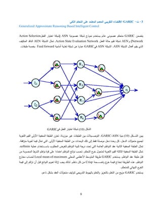 8
3-‫ت‬-GARIC‫الذكي‬ ‫التحكم‬ ‫على‬ ‫المعتمد‬ ‫المعمم‬ ‫التقريبي‬ ‫االقتضاء‬
Generalized Approximate Reasoning Based Intelligent Control
‫ل‬
‫ل‬‫ةتضقن‬GARIC‫ل‬‫عاةلل‬ ‫مللعص‬ ‫ةلاقعذجلل‬ ‫عائلعللةلةبتخ‬ ‫قتامةلعص‬ASN‫ل‬‫مللحختةلرلحسفنا‬ ‫(ل‬Action Selection‫ل‬
Network‫)لع‬AEN‫ل‬‫ةةلالسللحسفنال‬ ‫مللت‬ ‫ل‬Action State Evaluation Network‫ملل‬ ‫,لتقثالحسل‬AEN‫ل‬‫لحسقتمةمل‬ ‫حسالق‬
‫ملل‬ ‫ةةلأفنلالحسل‬ ‫حسذيلة‬ASN‫ملل‬ ‫لحسل‬ASN‫ل‬‫فئ‬GARIC‫ل‬‫ل‬‫لر‬ ‫ع‬‫مللتغذةللأقلقةلل‬ ‫عنلل‬Feed forward‫لل‬‫ل‬ ‫لت‬ ‫خقبللط‬‫ل‬
‫ل‬
‫ل‬
‫ل‬
‫ل‬
‫ل‬
‫بمال‬‫ب‬‫ب‬‫ب‬‫ب‬‫ب‬‫ب‬‫ب‬‫ب‬‫ل‬‫ةنلحس‬ ‫ة‬(10)‫اةلل‬GARIC-ASN‫غعةلل‬ ‫ةةلحس‬ ‫للحسقخفةللحألعسىلحس‬ ‫لتخزنلحسط‬ ‫لتلغةرلقعزعال‬ ‫ةنلحسط‬ ‫بةالتل‬‫ب‬‫ب‬‫ب‬‫ب‬‫ب‬‫ب‬‫ب‬‫ب‬‫ص‬‫لحستع‬
‫ل‬ ‫ل‬ ‫حف‬‫ر‬‫للحسقخفةللحألعسى,لحستئلتقثالقةقللسغعةللقت‬ ‫حتلقنلحسط‬ ‫كلحسعا‬ ‫طلإسىلت‬ ‫للف‬ ‫خالقعص‬ ‫ل‬ ‫لمالعا‬ ‫خا‬ ‫التلحس‬‫ع‬‫سجقةعلقتا‬
‫رجللت‬ ‫ل‬ ‫حظةلحسنللقللحستئلتا‬‫ع‬‫لحسا‬ ‫بللحسقخفةللحسثلاةللع‬ ‫بالحسط‬‫ث‬‫تق‬‫ةلل‬ ‫حةلعق‬ ‫بتخ‬‫ب‬‫ب‬‫ب‬‫ب‬‫ب‬‫ب‬‫ب‬‫ب‬‫ب‬‫ب‬‫ب‬‫ب‬‫ب‬‫ب‬‫ل‬ ‫ععل‬ ‫غرضلحسقط‬ ‫حظةلس‬‫ع‬‫ةللحسا‬softmin‫ل‬
‫للقنل‬ ‫حظةلحسلرطلحسقابع‬‫ع‬‫لا‬‫ىلقع‬ ‫حلع‬ ‫حظةلحعتقل‬‫ع‬‫حتجلحسا‬‫ع‬‫لتابعلا‬ ‫جلحستامة‬‫غعةللسقتاعالخر‬ ‫ةةلحس‬ ‫للحسقخفةللحسثلسثللحس‬ ‫تقثالحسط‬
‫ةل‬ ‫بتخ‬‫ب‬‫لة‬ ‫حظة‬‫ع‬‫لحسا‬ ‫للع‬ ‫الط‬ ‫ق‬GARIC‫ل‬‫ئل‬ ‫بطلحألعظقئلحسقا‬‫ب‬‫للحسقتع‬ ‫ة‬‫ر‬‫ط‬Local mean-of-maximum‫ل‬‫جل‬‫بلعلقخلر‬‫ب‬‫سا‬
‫بلل‬‫ا‬‫ب‬‫ب‬‫ب‬‫ب‬‫ب‬‫ب‬‫ب‬‫ب‬‫ب‬‫ب‬‫ب‬‫ب‬‫ب‬‫ب‬‫ض‬‫ح‬‫ع‬‫جل‬‫بللخر‬‫ق‬‫بلجلقة‬‫ت‬‫بللتا‬ ‫ة‬‫ر‬‫بذهلحسط‬‫ه‬‫ل‬ ‫حظة‬‫ع‬‫حسا‬Crisp‫ل‬‫حمةلإسىلقةقلل‬‫ر‬‫الأنلت‬ ‫حتجلق‬‫ع‬‫حسللتنعةةلحسا‬‫ز‬‫بكلةجعلإ‬‫س‬‫بذ‬‫س‬‫بلظة,ل‬‫ا‬‫بال‬‫م‬‫قنل‬
‫قتامة‬ ‫جلحساهللئلس‬‫حسخر‬‫ل‬
‫ةل‬ ‫ةبتخ‬GARIC‫ل‬‫ل‬ ‫لمالالعة‬ ‫ل‬ ‫التلحسن‬‫ع‬‫ةجئلستعسةملقتا‬‫ر‬ ‫عطلحست‬ ‫لسه‬ ‫ةل‬ ‫حستن‬‫ع‬‫ةزل‬‫ز‬‫لستن‬ ‫ةل‬ ‫ةجلقنلحستن‬‫ز‬‫ق‬
‫ل‬
‫ل‬
‫الشكل‬(10)‫في‬ ‫الفعل‬ ‫اختيار‬ ‫شبكة‬GARIC
 