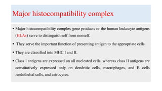 Major histocompatibility complex
 Major histocompatibility complex gene products or the human leukocyte antigens
(HLAs) serve to distinguish self from nonself.
 They serve the important function of presenting antigen to the appropriate cells.
 They are classified into MHC I and II.
 Class I antigens are expressed on all nucleated cells, whereas class II antigens are
constitutively expressed only on dendritic cells, macrophages, and B cells
,endothelial cells, and astrocytes.
 