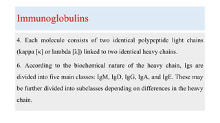 Immunoglobulins
4. Each molecule consists of two identical polypeptide light chains
(kappa [κ] or lambda [λ]) linked to two identical heavy chains.
6. According to the biochemical nature of the heavy chain, Igs are
divided into five main classes: IgM, IgD, IgG, IgA, and IgE. These may
be further divided into subclasses depending on differences in the heavy
chain.
 