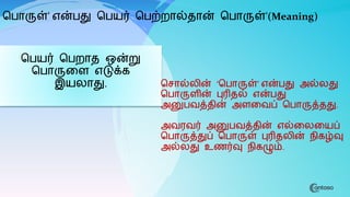 மபைர் மபறாத ஒன்று
மபாருகை எடுக்ை
இைலாது. மசால்லின் ‘மபாருள்’ என்பது அல்லது
மபாருைின் புரிதல் என்பது
அனுபவத்தின் அைகவப் மபாருத்தது.
அவரவர் அனுபவத்தின் எல்கலகைப்
மபாருத்துப் மபாருள் புரிதலின் நிைழ்வு
அல்லது உணர்வு நிைழும்.
11
மபாருள்’ என்பது மபைர் மபற்றால்தான் மபாருள்’(Meaning)
 