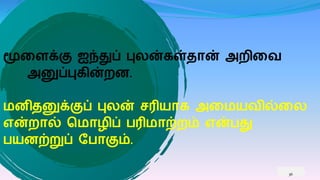 மூகைக்கு ஐந்துப் புலன்ைள்தான் அறிகவ
அனுப்புைின்றன.
னிதனுக்குப் புலன் சரியாை அக யவில்கல
என்றால் வ ாழிப் ெரி ாற்றம் என்ெது
ெயனற்றுப் பொகும்.
36
 
