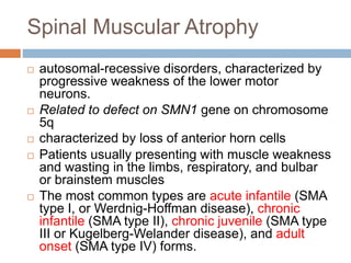 Spinal Muscular Atrophy
 autosomal-recessive disorders, characterized by
progressive weakness of the lower motor
neurons.
 Related to defect on SMN1 gene on chromosome
5q
 characterized by loss of anterior horn cells
 Patients usually presenting with muscle weakness
and wasting in the limbs, respiratory, and bulbar
or brainstem muscles
 The most common types are acute infantile (SMA
type I, or Werdnig-Hoffman disease), chronic
infantile (SMA type II), chronic juvenile (SMA type
III or Kugelberg-Welander disease), and adult
onset (SMA type IV) forms.
 
