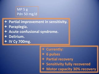 MP 5 g
Pdn 50 mg/d







Partial improvement in sensitivity.
Paraplegia.
Acute confusional syndrome.
Delirium.
IV Cy 700mg.







Currently:
6 pulses
Partial recovery
Sensitivity fully recovered
Motor capacity 30% recovery

 