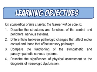 On completion of this chapter, the learner will be able to:
1. Describe the structures and functions of the central and
peripheral nervous systems.
2. Differentiate between pathologic changes that affect motor
control and those that affect sensory pathways.
3. Compare the functioning of the sympathetic and
parasympathetic nervous systems.
4. Describe the significance of physical assessment to the
diagnosis of neurologic dysfunction.
 