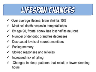  Over average lifetime, brain shrinks 10%
 Most cell death occurs in temporal lobes
 By age 90, frontal cortex has lost half its neurons
 Number of dendritic branches decreases
 Decreased levels of neurotransmitters
 Fading memory
 Slowed responses and reflexes
 Increased risk of falling
 Changes in sleep patterns that result in fewer sleeping
hours
 