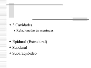 3 Cavidades
Relacionadas às meninges
Epidural (Extradural)
Subdural
Subaraqnóideo
 