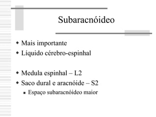 Subaracnóideo
Mais importante
Líquido cérebro-espinhal
Medula espinhal – L2
Saco dural e aracnóide – S2
Espaço subaracnóideo maior
 