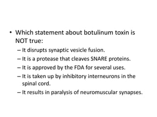 • Which statement about botulinum toxin is
NOT true:
– It disrupts synaptic vesicle fusion.
– It is a protease that cleaves SNARE proteins.
– It is approved by the FDA for several uses.
– It is taken up by inhibitory interneurons in the
spinal cord.
– It results in paralysis of neuromuscular synapses.
 