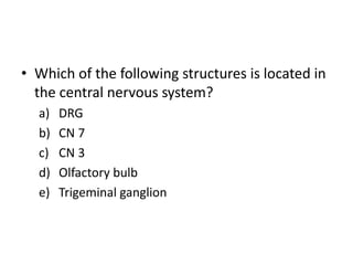 • Which of the following structures is located in
the central nervous system?
a) DRG
b) CN 7
c) CN 3
d) Olfactory bulb
e) Trigeminal ganglion
 