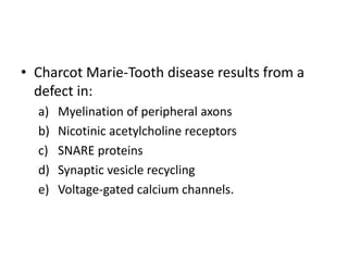 • Charcot Marie-Tooth disease results from a
defect in:
a) Myelination of peripheral axons
b) Nicotinic acetylcholine receptors
c) SNARE proteins
d) Synaptic vesicle recycling
e) Voltage-gated calcium channels.
 