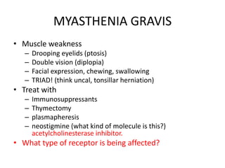 MYASTHENIA GRAVIS
• Muscle weakness
– Drooping eyelids (ptosis)
– Double vision (diplopia)
– Facial expression, chewing, swallowing
– TRIAD! (think uncal, tonsillar herniation)
• Treat with
– Immunosuppressants
– Thymectomy
– plasmapheresis
– neostigmine (what kind of molecule is this?)
acetylcholinesterase inhibitor.
• What type of receptor is being affected?
 