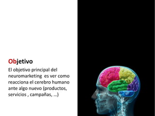 Objetivo
El objetivo principal del
neuromarketing es ver como
reacciona el cerebro humano
ante algo nuevo (productos,
servicios , campañas, …)
 
