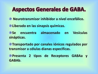 Aspectos Generales de GABA.
Neurotransmisor inhibidor a nivel encefálico.
Liberado en las sinapsis químicas.
Se encuentra almacenado en Vesículas
sinápticas.
Transportado por canales iónicos regulados por
transmisor a células dianas especificas.
Presenta 2 tipos de Receptores GABAa y
GABAb.
 