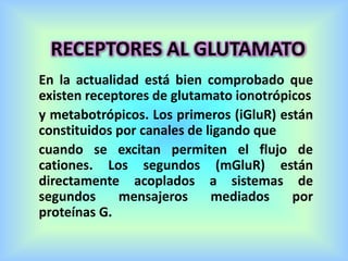 RECEPTORES AL GLUTAMATO
En la actualidad está bien comprobado que
existen receptores de glutamato ionotrópicos
y metabotrópicos. Los primeros (iGluR) están
constituidos por canales de ligando que
cuando se excitan permiten el flujo de
cationes. Los segundos (mGluR) están
directamente acoplados a sistemas de
segundos mensajeros mediados por
proteínas G.
 