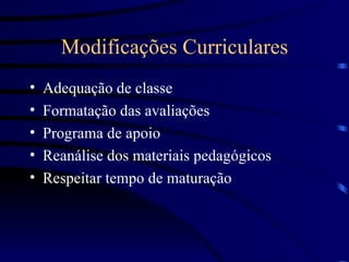 Modificações Curriculares Adequação de classe  Formatação das avaliações Programa de apoio  Reanálise dos materiais pedagógicos Respeitar tempo de maturação  