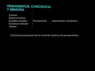 Corteza Sistema límbico Ganglios basales  Pensamiento  estimulación simultanea  Sustancia reticular Tálamo Conciencia percepción de la corriente continua de pensamientos 