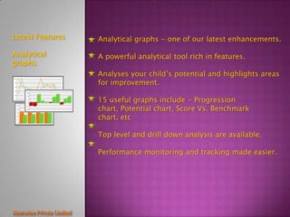 Latest Features   Analytical graphs - one of our latest enhancements.

Analytical        A powerful analytical tool rich in features.
graphs
                  Analyses your child’s potential and highlights areas
                  for improvement.

                  15 useful graphs include - Progression
                  chart, Potential chart, Score Vs. Benchmark
                  chart, etc

                  Top level and drill down analysis are available.

                  Performance monitoring and tracking made easier.
 