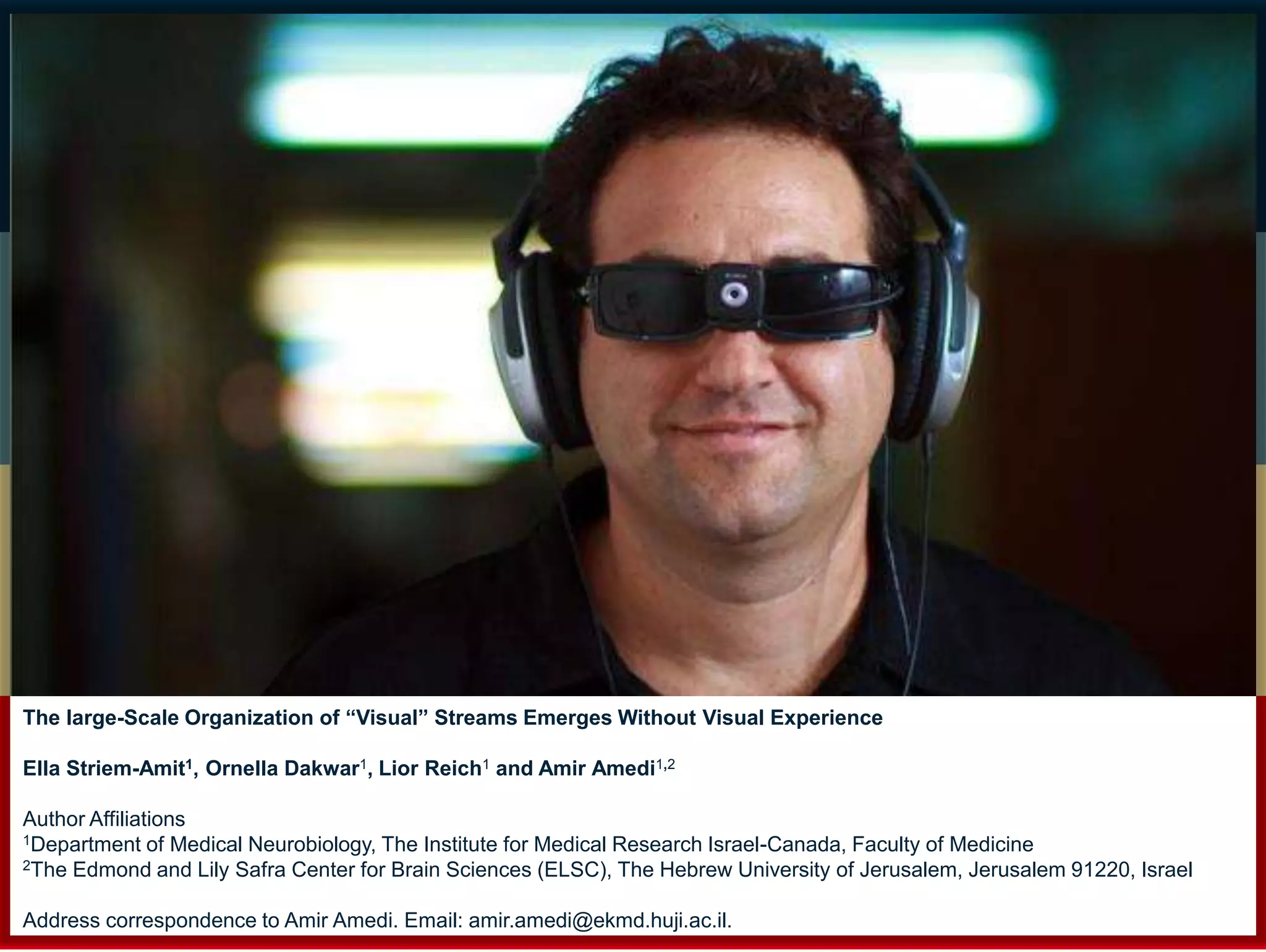 The large-Scale Organization of “Visual” Streams Emerges Without Visual Experience 
Ella Striem-Amit1, Ornella Dakwar1, Lior Reich1 and Amir Amedi1,2 
Author Affiliations 
1Department of Medical Neurobiology, The Institute for Medical Research Israel-Canada, Faculty of Medicine 
2The Edmond and Lily Safra Center for Brain Sciences (ELSC), The Hebrew University of Jerusalem, Jerusalem 91220, Israel 
Address correspondence to Amir Amedi. Email: amir.amedi@ekmd.huji.ac.il. 
 