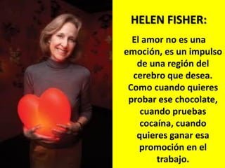HELEN FISHER:
El amor no es una
emoción, es un impulso
de una región del
cerebro que desea.
Como cuando quieres
probar ese chocolate,
cuando pruebas
cocaína, cuando
quieres ganar esa
promoción en el
trabajo.

 