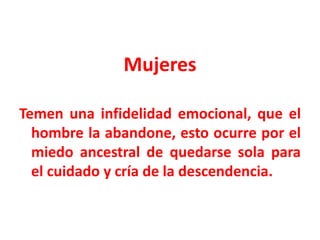 Mujeres
Temen una infidelidad emocional, que el
hombre la abandone, esto ocurre por el
miedo ancestral de quedarse sola para
el cuidado y cría de la descendencia.

 