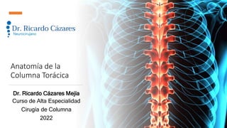 Anatomía de la
Columna Torácica
Dr. Ricardo Cázares Mejía
Curso de Alta Especialidad
Cirugía de Columna
2022
 