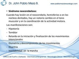 Síndrome neocerebeloso:Cuando hay lesión en el neocerebelo, hemisferios o en los núcleos dentados, hay un notorio cambio en el tono muscular y en la coordinación de la actividad motora.Las manifestaciones son:Hipotonía