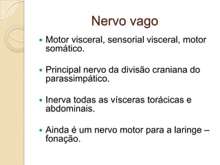 Nervo vago
   Motor visceral, sensorial visceral, motor
    somático.

   Principal nervo da divisão craniana do
    parassimpático.

   Inerva todas as vísceras torácicas e
    abdominais.

   Ainda é um nervo motor para a laringe –
    fonação.
 