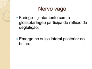 Nervo vago
   Faringe – juntamente com o
    glossofaríngeo participa do reflexo da
    deglutição.

   Emerge no sulco lateral posterior do
    bulbo.
 