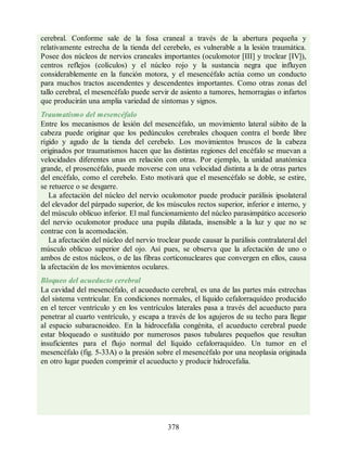 cerebral. Conforme sale de la fosa craneal a través de la abertura pequeña y
relativamente estrecha de la tienda del cerebelo, es vulnerable a la lesión traumática.
Posee dos núcleos de nervios craneales importantes (oculomotor [III] y troclear [IV]),
centros reflejos (colículos) y el núcleo rojo y la sustancia negra que influyen
considerablemente en la función motora, y el mesencéfalo actúa como un conducto
para muchos tractos ascendentes y descendentes importantes. Como otras zonas del
tallo cerebral, el mesencéfalo puede servir de asiento a tumores, hemorragias o infartos
que producirán una amplia variedad de síntomas y signos.
Traumatismo del mesencéfalo
Entre los mecanismos de lesión del mesencéfalo, un movimiento lateral súbito de la
cabeza puede originar que los pedúnculos cerebrales choquen contra el borde libre
rígido y agudo de la tienda del cerebelo. Los movimientos bruscos de la cabeza
originados por traumatismos hacen que las distintas regiones del encéfalo se muevan a
velocidades diferentes unas en relación con otras. Por ejemplo, la unidad anatómica
grande, el prosencéfalo, puede moverse con una velocidad distinta a la de otras partes
del encéfalo, como el cerebelo. Esto motivará que el mesencéfalo se doble, se estire,
se retuerce o se desgarre.
La afectación del núcleo del nervio oculomotor puede producir parálisis ipsolateral
del elevador del párpado superior, de los músculos rectos superior, inferior e interno, y
del músculo oblicuo inferior. El mal funcionamiento del núcleo parasimpático accesorio
del nervio oculomotor produce una pupila dilatada, insensible a la luz y que no se
contrae con la acomodación.
La afectación del núcleo del nervio troclear puede causar la parálisis contralateral del
músculo oblicuo superior del ojo. Así pues, se observa que la afectación de uno o
ambos de estos núcleos, o de las fibras corticonucleares que convergen en ellos, causa
la afectación de los movimientos oculares.
Bloqueo del acueducto cerebral
La cavidad del mesencéfalo, el acueducto cerebral, es una de las partes más estrechas
del sistema ventricular. En condiciones normales, el líquido cefalorraquídeo producido
en el tercer ventrículo y en los ventrículos laterales pasa a través del acueducto para
penetrar al cuarto ventrículo, y escapa a través de los agujeros de su techo para llegar
al espacio subaracnoideo. En la hidrocefalia congénita, el acueducto cerebral puede
estar bloqueado o sustituido por numerosos pasos tubulares pequeños que resultan
insuficientes para el flujo normal del líquido cefalorraquídeo. Un tumor en el
mesencéfalo (fig. 5-33A) o la presión sobre el mesencéfalo por una neoplasia originada
en otro lugar pueden comprimir el acueducto y producir hidrocefalia.
378
ERRNVPHGLFRVRUJ
ERRNVPHGLFRVRUJ
 