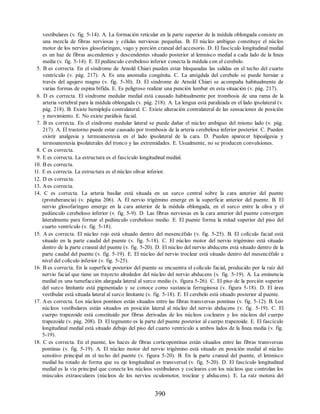 vestibulares (v. fig. 5-14). A. La formación reticular en la parte superior de la médula oblongada consiste en
una mezcla de fibras nerviosas y células nerviosas pequeñas. B. El núcleo ambiguo constituye el núcleo
motor de los nervios glosofaríngeo, vago y porción craneal del accesorio. D. El fascículo longitudinal medial
es un haz de fibras ascendentes y descendentes situado posterior al lemnisco medial a cada lado de la línea
media (v. fig. 5-14). E. El pedúnculo cerebeloso inferior conecta la médula con el cerebelo.
5. B es correcta. En el síndrome de Arnold Chiari pueden estar bloqueadas las salidas en el techo del cuarto
ventrículo (v. pág. 217). A. Es una anomalía congénita. C. La amígdala del cerebelo se puede herniar a
través del agujero magno (v. fig. 5-30). D. El síndrome de Arnold Chiari se acompaña habitualmente de
varias formas de espina bífida. E. Es peligroso realizar una punción lumbar en esta situación (v. pág. 217).
6. D es correcta. El síndrome medular medial está causado habitualmente por trombosis de una rama de la
arteria vertebral para la médula oblongada (v. pág. 218). A. La lengua está paralizada en el lado ipsolateral (v.
pág. 218). B. Existe hemiplejía contralateral. C. Existe alteración contralateral de las sensaciones de posición
y movimiento. E. No existe parálisis facial.
7. B es correcta. En el síndrome medular lateral se puede dañar el núcleo ambiguo del mismo lado (v. pág.
217). A. El trastorno puede estar causado por trombosis de la arteria cerebelosa inferior posterior. C. Pueden
existir analgesia y termoanestesia en el lado ipsolateral de la cara. D. Pueden aparecer hipoalgesia y
termoanestesia ipsolaterales del tronco y las extremidades. E. Usualmente, no se producen convulsiones.
8. C es correcta.
9. E es correcta. La estructura es el fascículo longitudinal medial.
10. B es correcta.
11. E es correcta. La estructura es el núcleo olivar inferior.
12. D es correcta.
13. Aes correcta.
14. C es correcta. La arteria basilar está situada en un surco central sobre la cara anterior del puente
(protuberancia) (v. página 206). A. El nervio trigémino emerge en la superficie anterior del puente. B. El
nervio glosofaríngeo emerge en la cara anterior de la médula oblongada, en el surco entre la oliva y el
pedúnculo cerebeloso inferior (v. fig. 5-9). D. Las fibras nerviosas en la cara anterior del puente convergen
lateralmente para formar el pedúnculo cerebeloso medio. E. El puente forma la mitad superior del piso del
cuarto ventrículo (v. fig. 5-18).
15. A es correcta. El núcleo rojo está situado dentro del mesencéfalo (v. fig. 5-25). B. El colículo facial está
situado en la parte caudal del puente (v. fig. 5-18). C. El núcleo motor del nervio trigémino está situado
dentro de la parte craneal del puente (v. fig. 5-20). D. El núcleo del nervio abducens está situado dentro de la
parte caudal del puente (v. fig. 5-19). E. El núcleo del nervio troclear está situado dentro del mesencéfalo a
nivel del colículo inferior (v. fig. 5-25).
16. B es correcta. En la superficie posterior del puente se encuentra el colículo facial, producido por la raíz del
nervio facial que tiene un trayecto alrededor del núcleo del nervio abducens (v. fig. 5-19). A. La eminencia
medial es una tumefacción alargada lateral al surco medio (v. figura 5-26). C. El piso de la porción superior
del surco limitante está pigmentado y se conoce como sustancia ferruginosa (v. figura 5-18). D. El área
vestibular está situada lateral al surco limitante (v. fig. 5-18). E. El cerebelo está situado posterior al puente.
17. Aes correcta. Los núcleos pontinos están situados entre las fibras transversas pontinas (v. fig. 5-12). B. Los
núcleos vestibulares están situados en posición lateral al núcleo del nervio abducens (v. fig. 5-19). C. El
cuerpo trapezoide está constituido por fibras derivadas de los núcleos cocleares y los núcleos del cuerpo
trapezoide (v. pág. 208). D. El tegmento es la parte del puente posterior al cuerpo trapezoide. E. El fascículo
longitudinal medial está situado debajo del piso del cuarto ventrículo a ambos lados de la línea media (v. fig.
5-19).
18. C es correcta. En el puente, los haces de fibras corticopontinas están situados entre las fibras transversas
pontinas (v. fig. 5-19). A. El núcleo motor del nervio trigémino está situado en posición medial al núcleo
sensitivo principal en el techo del puente (v. figura 5-20). B. En la parte craneal del puente, el lemnisco
medial ha rotado de forma que su eje longitudinal es transversal (v. fig. 5-20). D. El fascículo longitudinal
medial es la vía principal que conecta los núcleos vestibulares y cocleares con los núcleos que controlan los
músculos extraoculares (núcleos de los nervios oculomotor, troclear y abducens). E. La raíz motora del
390
ERRNVPHGLFRVRUJ
ERRNVPHGLFRVRUJ
 