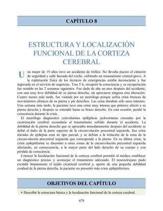 U
CAPÍTULO 8
ESTRUCTURA Y LOCALIZACIÓN
FUNCIONAL DE LA CORTEZA
CEREBRAL
na mujer de 19 años tuvo un accidente de tráfico. No llevaba puesto el cinturón
de seguridad y salió lanzada del coche, sufriendo un traumatismo craneal grave. A
la exploración física de los técnicos de emergencias estaba inconsciente y fue
ingresada en el servicio de urgencias. Tras 5 h, recuperó la consciencia y su recuperación
fue notable en las 2 semanas siguientes. Fue dada de alta un mes después del accidente,
con una muy leve debilidad de su pierna derecha, sin apreciarse ninguna otra alteración.
Cuatro meses más tarde, fue visitada por un neurólogo porque sufría crisis bruscas de
movimientos clónicos de su pierna y pie derechos. Las crisis duraban sólo unos minutos.
Una semana más tarde, la paciente tuvo una crisis muy intensa que primero afectó a su
pierna derecha y después se extendió hasta su brazo derecho. En esta ocasión, perdió la
consciencia durante la crisis.
El neurólogo diagnosticó convulsiones epilépticas jacksonianas causadas por la
cicatrización cerebral secundaria al traumatismo sufrido durante el accidente. La
debilidad de la pierna derecha que se apreciaba inmediatamente después del accidente se
debió al daño de la parte superior de la circunvolución precentral izquierda. Sus crisis
iniciales de epilepsia eran de tipo parcial, y se debían a la irritación de la zona de la
circunvolución precentral izquierda que corresponde a la pierna. En su última crisis, la
crisis epileptiforme se diseminó a otras zonas de la circunvolución precentral izquierda
afectando, en consecuencia, a la mayor parte del lado derecho de su cuerpo y con
pérdida de consciencia.
Conocer la localización funcional de la corteza cerebral permitió al médico establecer
un diagnóstico preciso y aconsejar el tratamiento adecuado. El neurocirujano pudo
escindir limpiamente el tejido cicatricial cerebral y, aparte de una pequeña debilidad
residual de la pierna derecha, la paciente no presentó más crisis epileptiformes.
OBJETIVOS DEL CAPÍTULO
Describir la estructura básica y la localización funcional de la corteza cerebral.
479
ERRNVPHGLFRVRUJ
ERRNVPHGLFRVRUJ
 