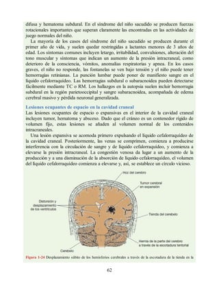 difusa y hematoma subdural. En el síndrome del niño sacudido se producen fuerzas
rotacionales importantes que superan claramente las encontradas en las actividades de
juego normales del niño.
La mayoría de los casos del síndrome del niño sacudido se producen durante el
primer año de vida, y suelen quedar restringidas a lactantes menores de 3 años de
edad. Los síntomas comunes incluyen letargo, irritabilidad, convulsiones, alteración del
tono muscular y síntomas que indican un aumento de la presión intracraneal, como
deterioro de la consciencia, vómitos, anomalías respiratorias y apnea. En los casos
graves, el niño no responde, las fontanelas se ven bajo tensión y el niño puede tener
hemorragias retinianas. La punción lumbar puede poner de manifiesto sangre en el
líquido cefalorraquídeo. Las hemorragias subdural o subaracnoidea pueden detectarse
fácilmente mediante TC o RM. Los hallazgos en la autopsia suelen incluir hemorragia
subdural en la región parietooccipital y sangre subaracnoidea, acompañada de edema
cerebral masivo y pérdida neuronal generalizada.
Lesiones ocupantes de espacio en la cavidad craneal
Las lesiones ocupantes de espacio o expansivas en el interior de la cavidad craneal
incluyen tumor, hematoma y absceso. Dado que el cráneo es un contenedor rígido de
volumen fijo, estas lesiones se añaden al volumen normal de los contenidos
intracraneales.
Una lesión expansiva se acomoda primero expulsando el líquido cefalorraquídeo de
la cavidad craneal. Posteriormente, las venas se comprimen, comienza a producirse
interferencia con la circulación de sangre y de líquido cefalorraquídeo, y comienza a
elevarse la presión intracraneal. La congestión venosa da lugar a un aumento de la
producción y a una disminución de la absorción de líquido cefalorraquídeo, el volumen
del líquido cefalorraquídeo comienza a elevarse y, así, se establece un círculo vicioso.
Figura 1-24 Desplazamiento súbito de los hemisferios cerebrales a través de la escotadura de la tienda en la
62
ERRNVPHGLFRVRUJ
ERRNVPHGLFRVRUJ
 